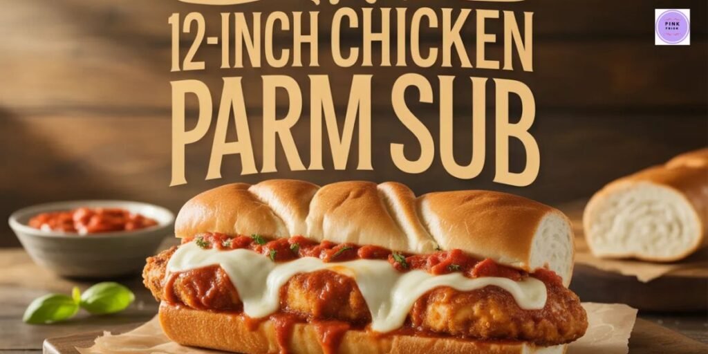 Close-up of a 12-inch chicken parmesan sub with melted cheese and marinara sauce on a wooden board. Background includes sliced bread and a bowl of sauce.