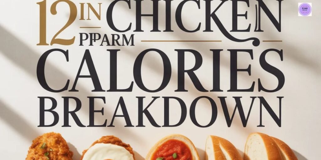 "Text reads '12 in Chicken Parm Calories Breakdown' above a row of sandwich ingredients: fried chicken, cheese, tomato sauce, and bread on a light background."