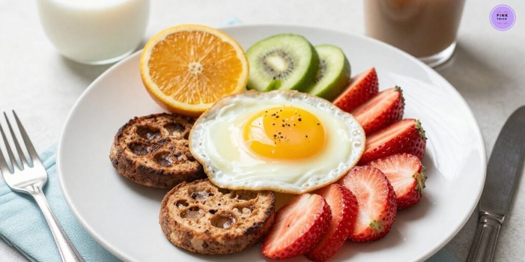 A breakfast plate features a sunny-side-up egg, sliced kiwis, strawberries, and oranges, round toast, with a cheerful and fresh morning vibe.