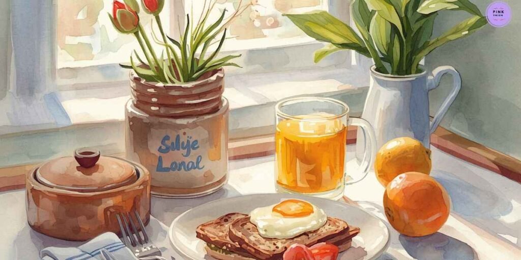 A sunny breakfast scene with a fried egg on toast, cherry tomatoes, and a glass of orange juice on a table. Nearby are tulips in a jar and potted plants, creating a warm and inviting atmosphere.