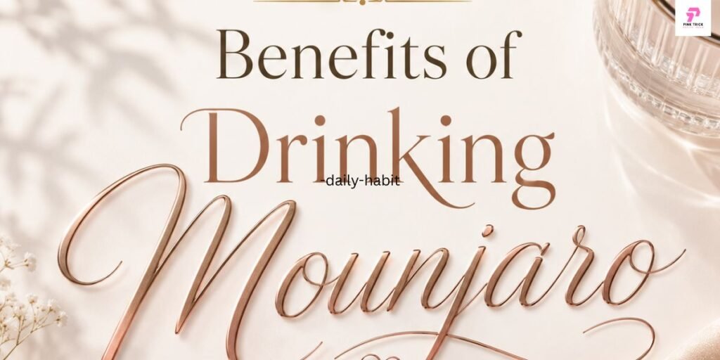 Text reading "Benefits of Drinking Mounjaro" in elegant brown script on a pale background. Soft shadows and delicate flowers enhance the serene tone.