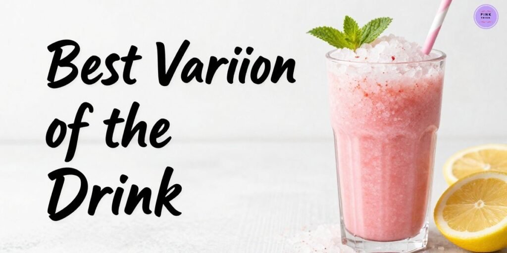 A pink, frothy drink with crushed ice in a tall glass, garnished with mint and a straw; lemon slices nearby. Text reads "Best Variion of the Drink."