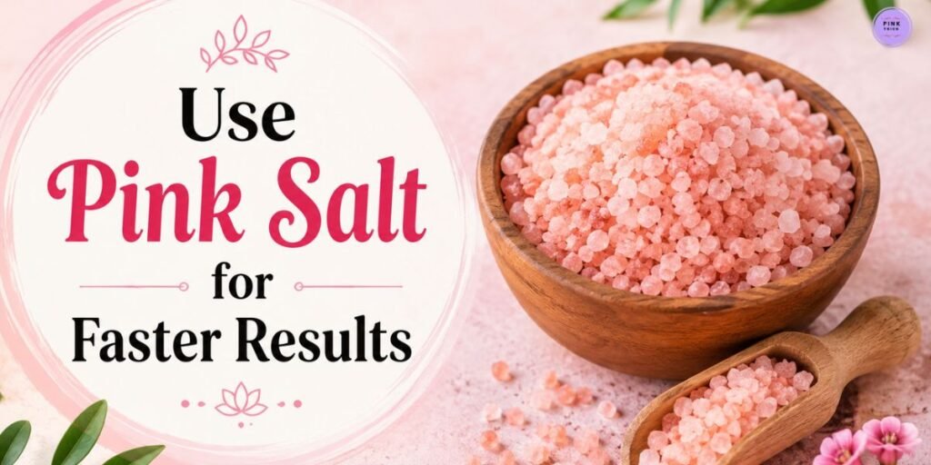 Text reading "Use Pink Salt for Faster Results" is next to a wooden bowl filled with pink salt crystals and a scoop, surrounded by green leaves on a pink background.