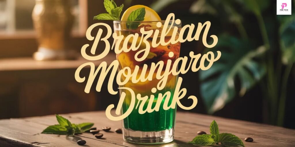 A vibrant drink with layers of green and orange, garnished with mint and a lemon slice, on a wooden table. Text reads "Brazilian Mounjaro Drink."