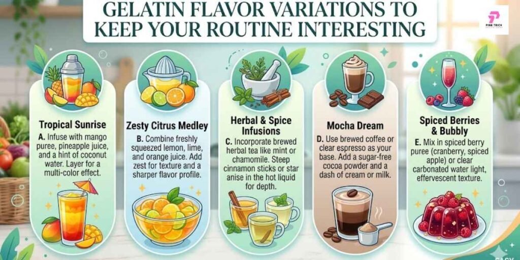 Alt text: "A colorful infographic titled 'Gelatin Flavor Variations to Keep Your Routine Interesting.' It features five flavor ideas: 1. Tropical Sunrise with mango, pineapple juice, and coconut water. 2. Zesty Citrus Medley with lemon, lime, and orange juice. 3. Herbal & Spice Infusions with mint or chamomile and cinnamon sticks. 4. Mocha Dream with coffee, cocoa powder, and cream. 5. Spiced Berries & Bubbly with cranberry or apple sparkling water. Each idea is illustrated with matching images, creating a fresh and vibrant tone."