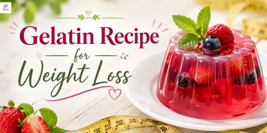 A vibrant gelatin dessert with berries and mint on a white plate, accompanied by a measuring tape. Text reads "Gelatin Recipe for Weight Loss."