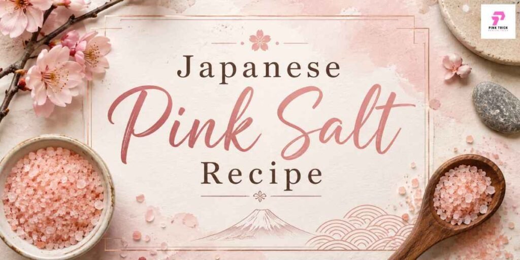 Elegant design with "Japanese Pink Salt Recipe" text surrounded by cherry blossoms, pink salt bowls, and soft pastel hues, evoking calm and refinement.