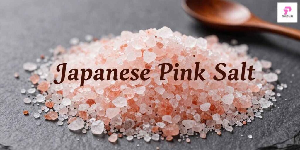 A pile of coarse pink salt crystals on a dark slate surface with a wooden spoon in the background. Text reads "Japanese Pink Salt."