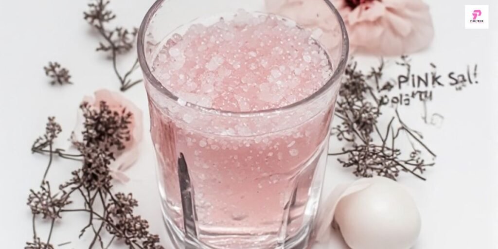 A glass filled with pink salt sits on a white surface, surrounded by delicate pink flowers and dried twigs. Nearby, text reads "PINK SALT." The scene feels serene and elegant.