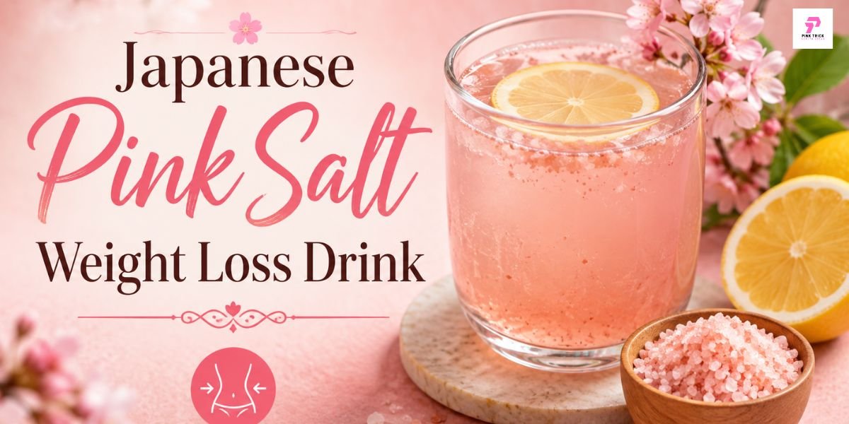 A refreshing pink drink in a glass with a lemon slice, next to a bowl of pink salt and cherry blossoms. Text reads "Japanese Pink Salt Weight Loss Drink."