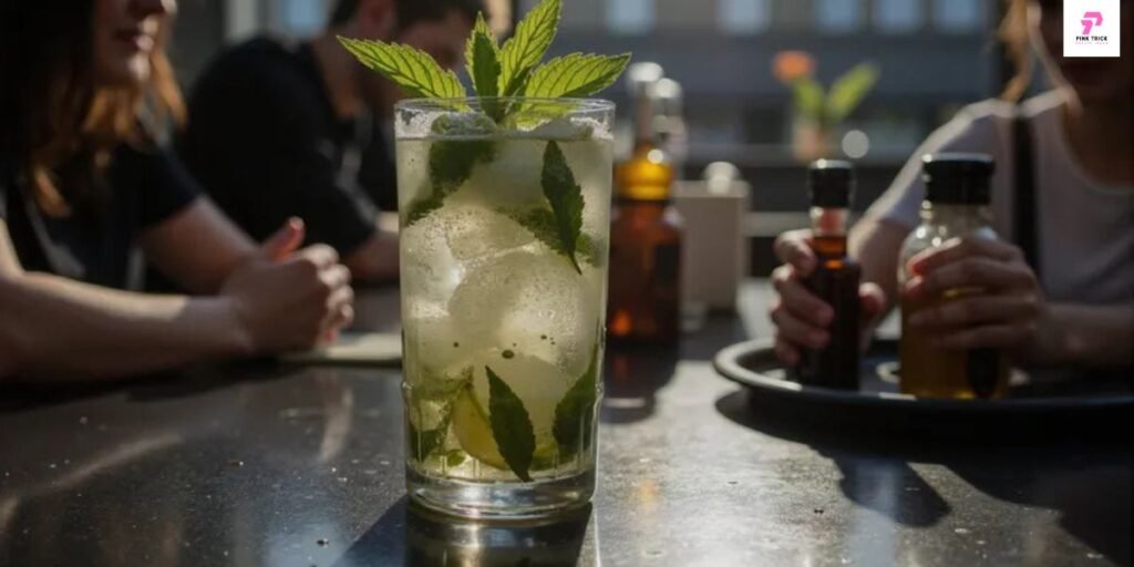 A refreshing mojito with mint leaves is on a table, sunlit and surrounded by people holding small bottles, conveying a relaxed, social atmosphere.