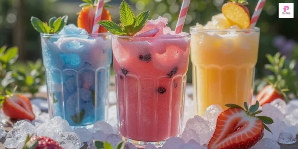 Three vibrant slushies in glasses with pink straws: blue, pink, and yellow. Garnished with fresh mint and fruit, surrounded by ice and strawberries. Refreshing and summery vibe.