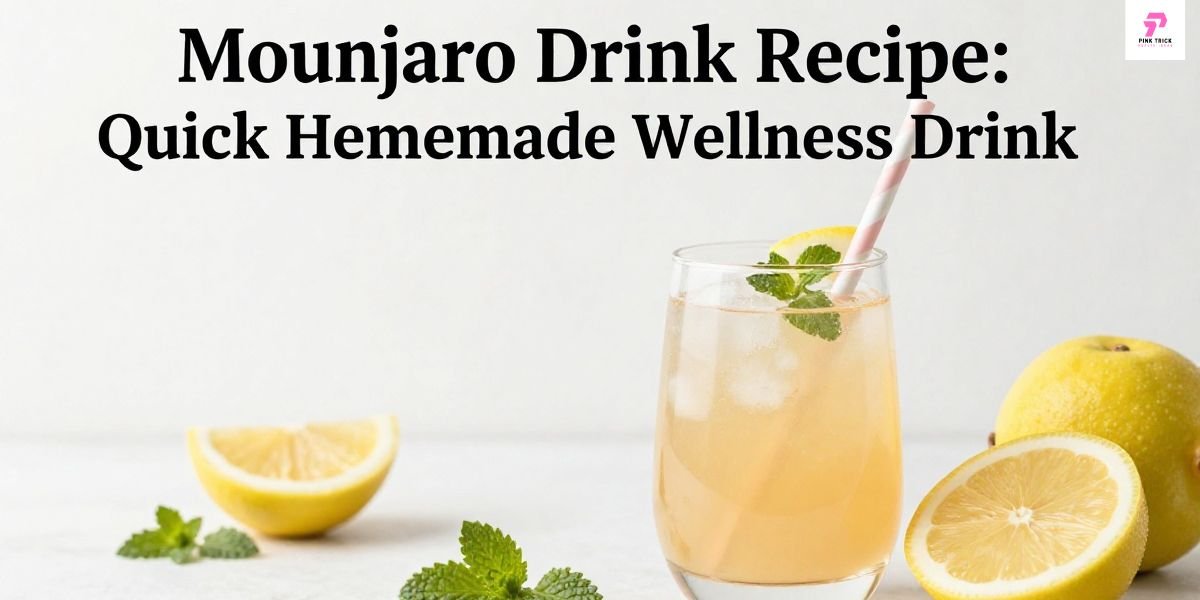 A refreshing lemon drink garnished with mint and a striped straw is surrounded by lemons and mint leaves, with text reading "Mounjaro Drink Recipe: Quick Homemade Wellness Drink."