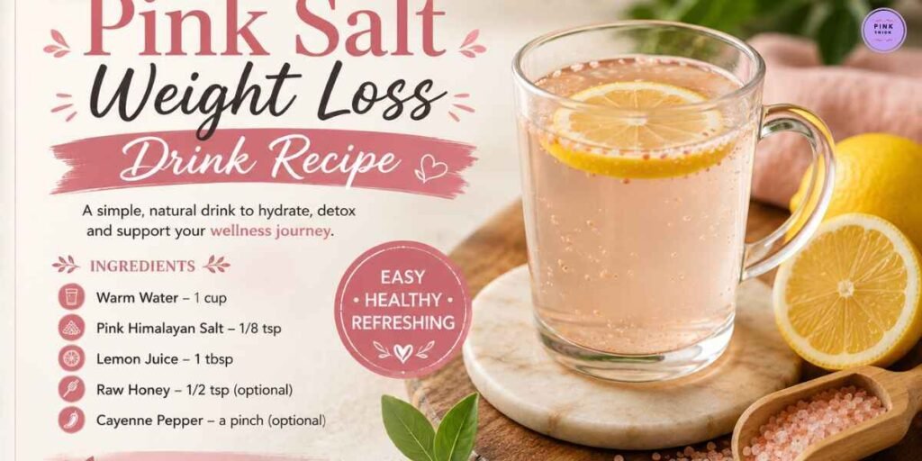 Pink Salt Weight Loss Drink Recipe image with a glass of lemon-infused drink on a tray alongside pink salt and lemon slices. Text highlights ingredients: warm water, pink Himalayan salt, lemon juice, raw honey, and cayenne pepper. Keywords: hydrating, detox, wellness. Tone: refreshing, healthy.