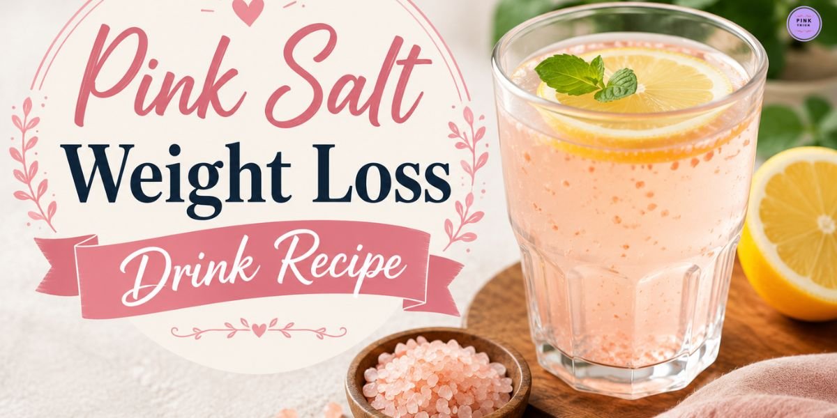 "Pink salt weight loss drink recipe text with a glass of pink liquid garnished with lemon and mint on a wooden tray; nearby, pink salt in a bowl."