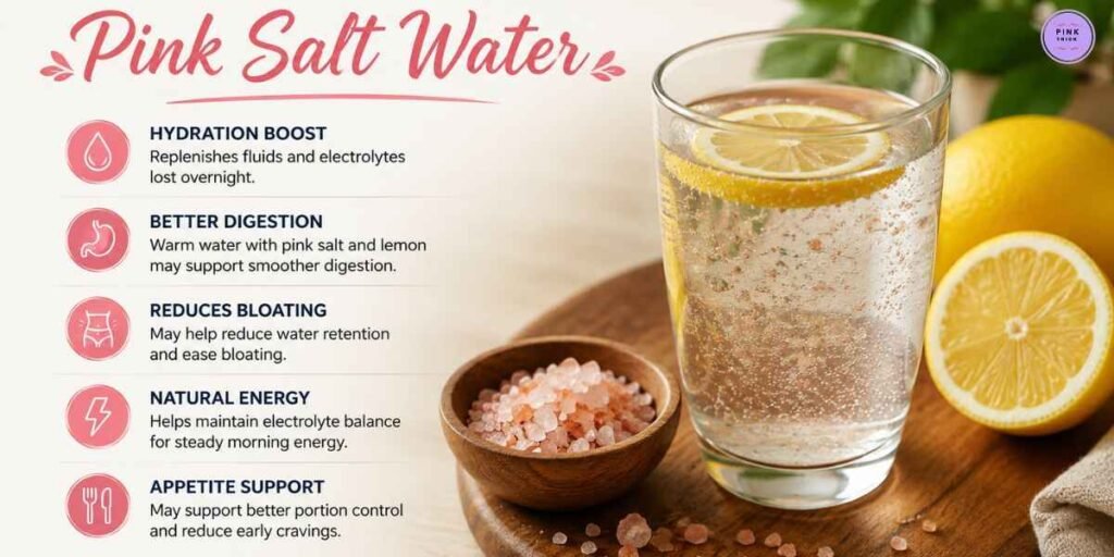 Glass of water with lemon and pink salt on a wooden tray. Text lists benefits of pink salt water: hydration, digestion, bloating reduction, energy, and appetite support.