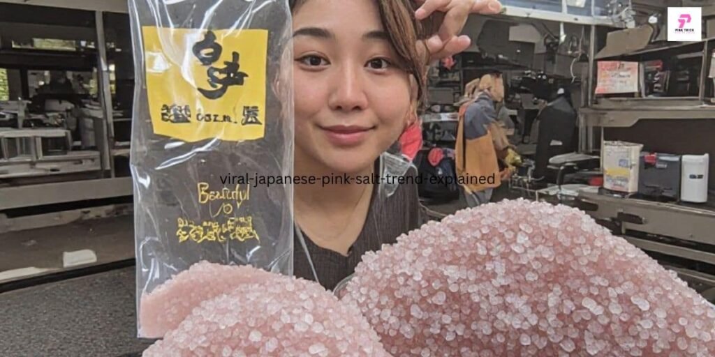 A woman holds a package of pink salt labeled with Japanese text, smiling in a market setting. Large mounds of pink salt are in the foreground.