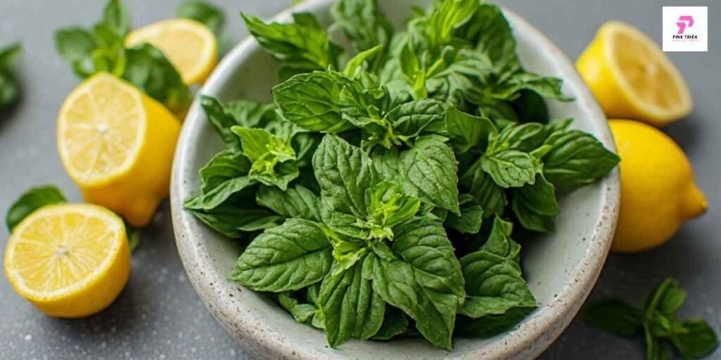 A bowl of fresh basil leaves is surrounded by whole and halved lemons on a gray table. The scene is vibrant and suggests freshness.