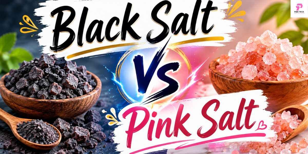 Two wooden bowls filled with black and pink salt are shown with colorful text "Black Salt vs Pink Salt" in the center, with a vibrant backdrop.