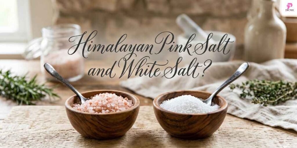 Close-up of Himalayan Pink Salt vs White Salt in separate bowls, displayed on a textured wooden background.