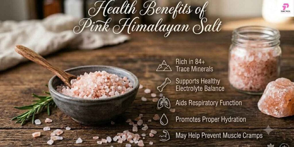 iagram showcasing the health advantages of pink Himalayan salt, emphasizing its mineral properties and wellness contributions.
