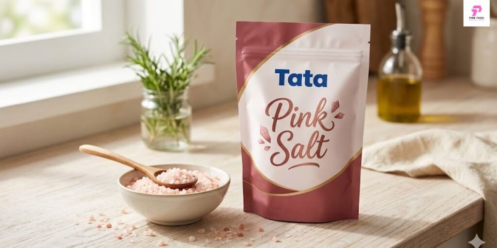 Tata pink salt in a glass container, featuring its distinctive pink color and texture, perfect for culinary use