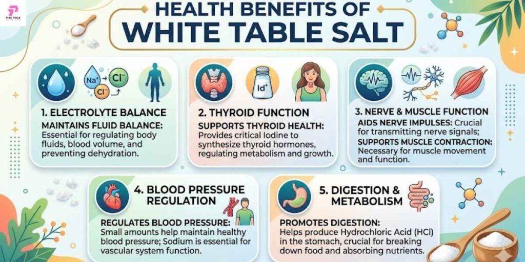  Diagram detailing the advantages of white table salt for health, emphasizing its importance in maintaining fluid balance.