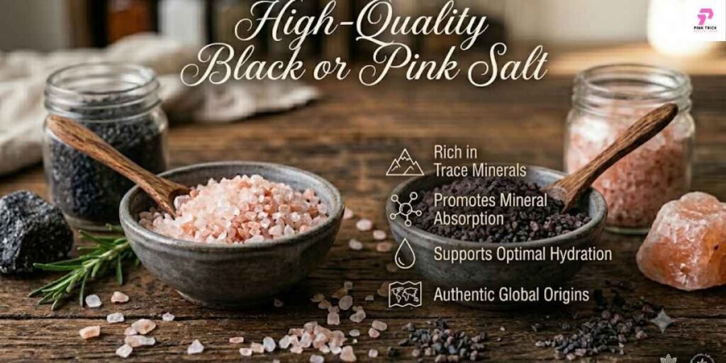 A close-up of premium black and pink salt crystals in a decorative bowl, highlighting their unique hues and quality.