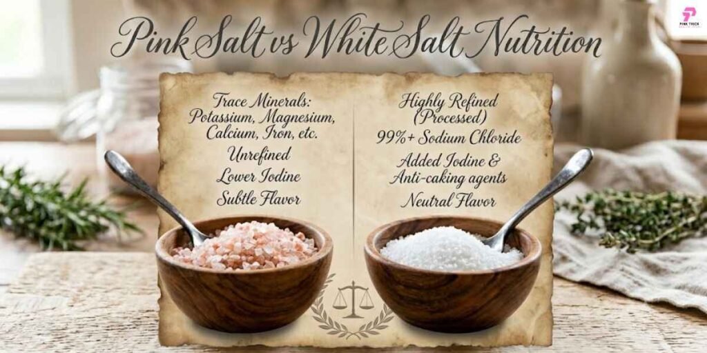 Comparison of pink salt and white salt nutrition, highlighting differences in mineral content and health benefits.
