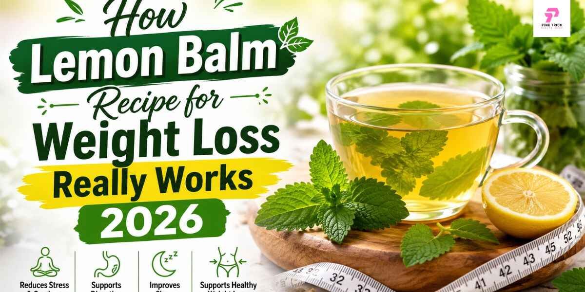 A cup of lemon balm tea with fresh leaves, a lemon slice, and a measuring tape illustrates a recipe for weight loss. The image highlights lemon balm's