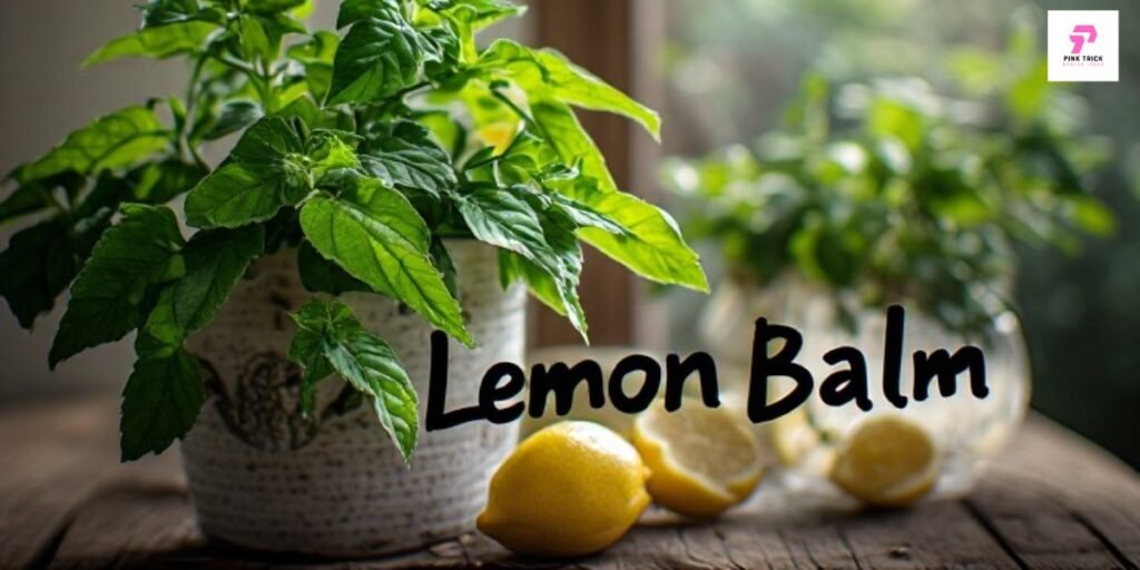 Potted Lemon Balm Recipe plant on a wooden table with whole and sliced lemons. Text reads "Lemon Balm." The scene is fresh and natural.