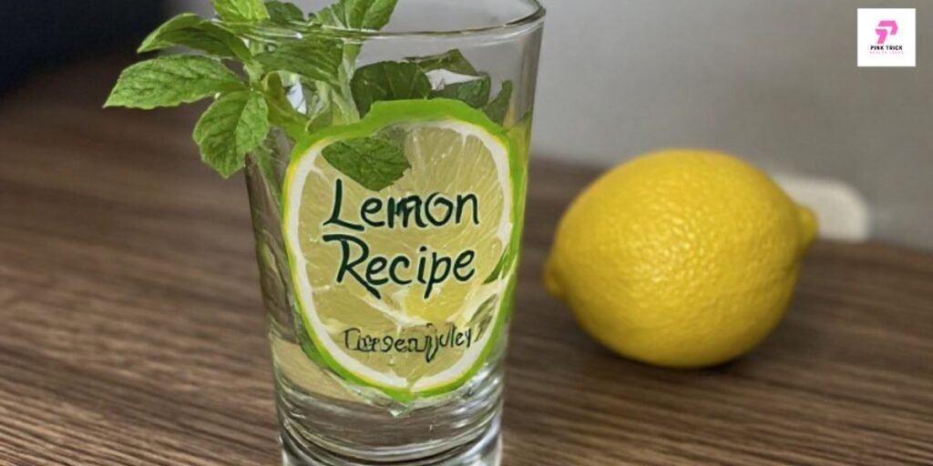 A glass labeled "Lemon Recipe" is filled with lemon slices and mint leaves on a wooden table. A whole lemon sits beside the glass, suggesting freshness.