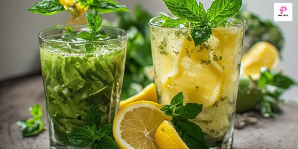 Two refreshing glasses of lemonade, one with cucumber slices and the other with lemon wedges, garnished with mint leaves, surrounded by fresh lemons.