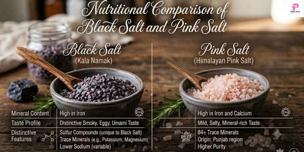 Infographic showing the benefits of black salt versus pink salt, emphasizing their nutritional and flavor profiles.