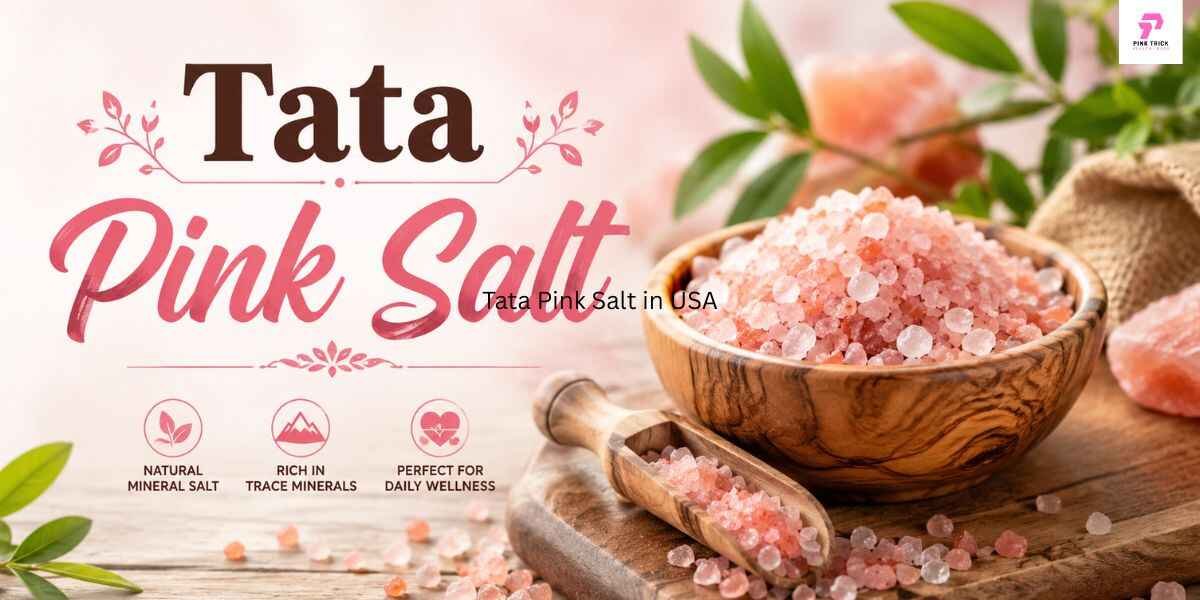 Alt text: "Tata Pink Salt promotion with a wooden bowl of pink salt on a table. Green leaves in the background enhance the natural theme. Keywords: natural mineral salt, rich in trace minerals, wellness."