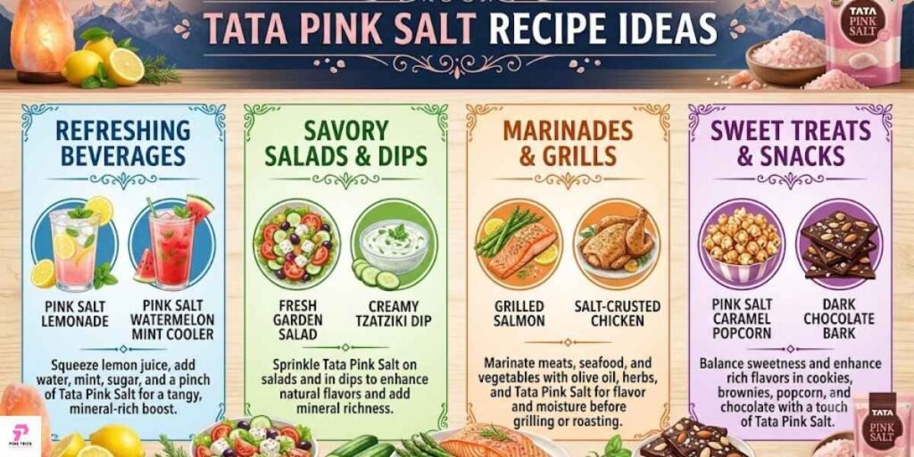 Creative recipe suggestions incorporating Tata pink salt, illustrating different ways to enhance meals with this seasoning.