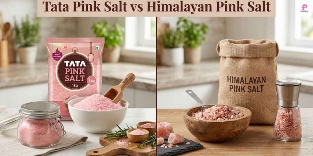 Side-by-side image of Tata pink salt and Himalayan pink salt, illustrating variations in color and crystal structure.