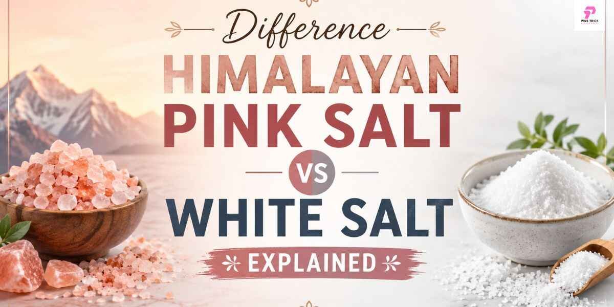 Visual guide illustrating the differences between Himalayan pink salt and white salt, focusing on appearance and health benefits.